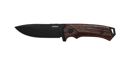 El WOOX Rock 62 es un cuchillo de alta resistencia con acero Uddeholm Sleipner, acabado negro, construcción full-tang y mango de nogal, ideal para aventuras al aire libre.